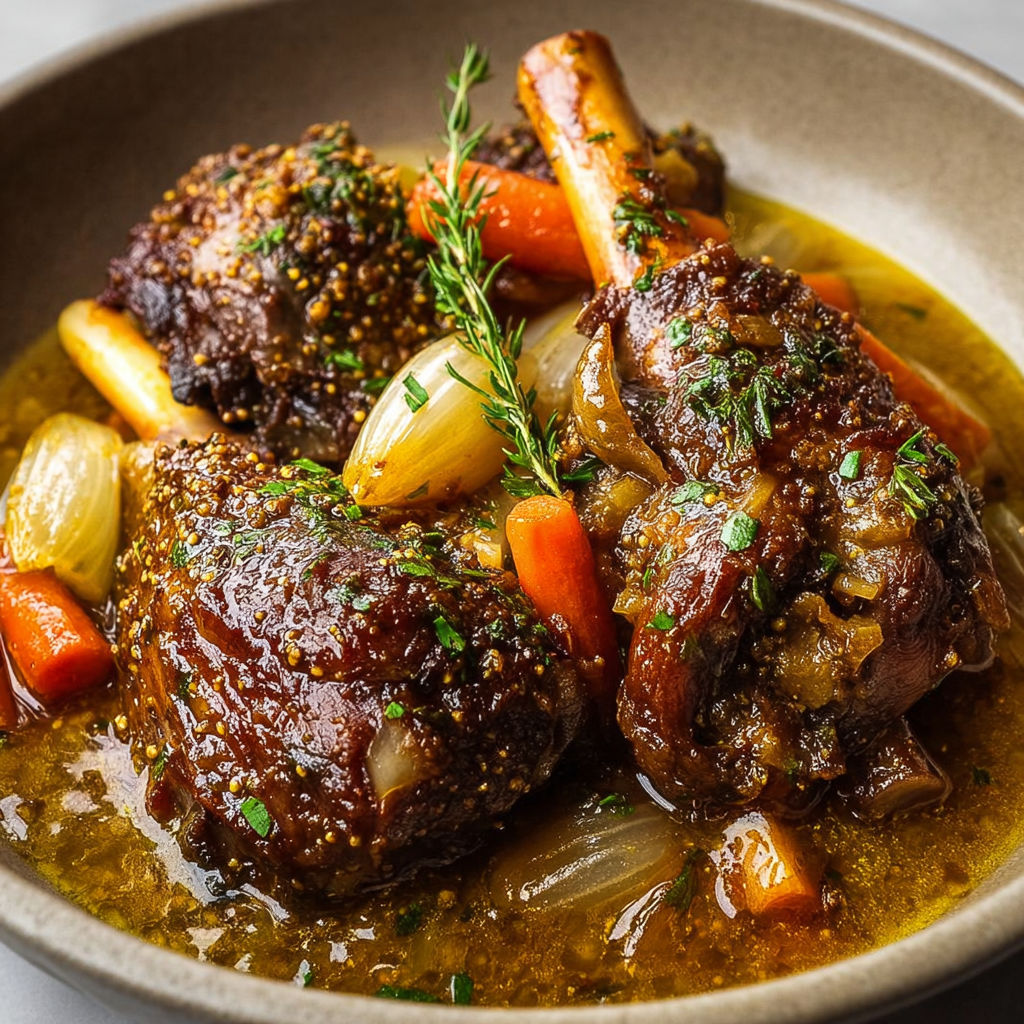 Agneau mijoté longtemps au vin blanc et moutarde de Dijon, idéal pour un plat chaleureux.