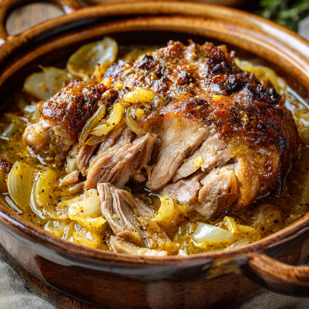 Porc fondant avec oignons confits dans un plat chaleureux.