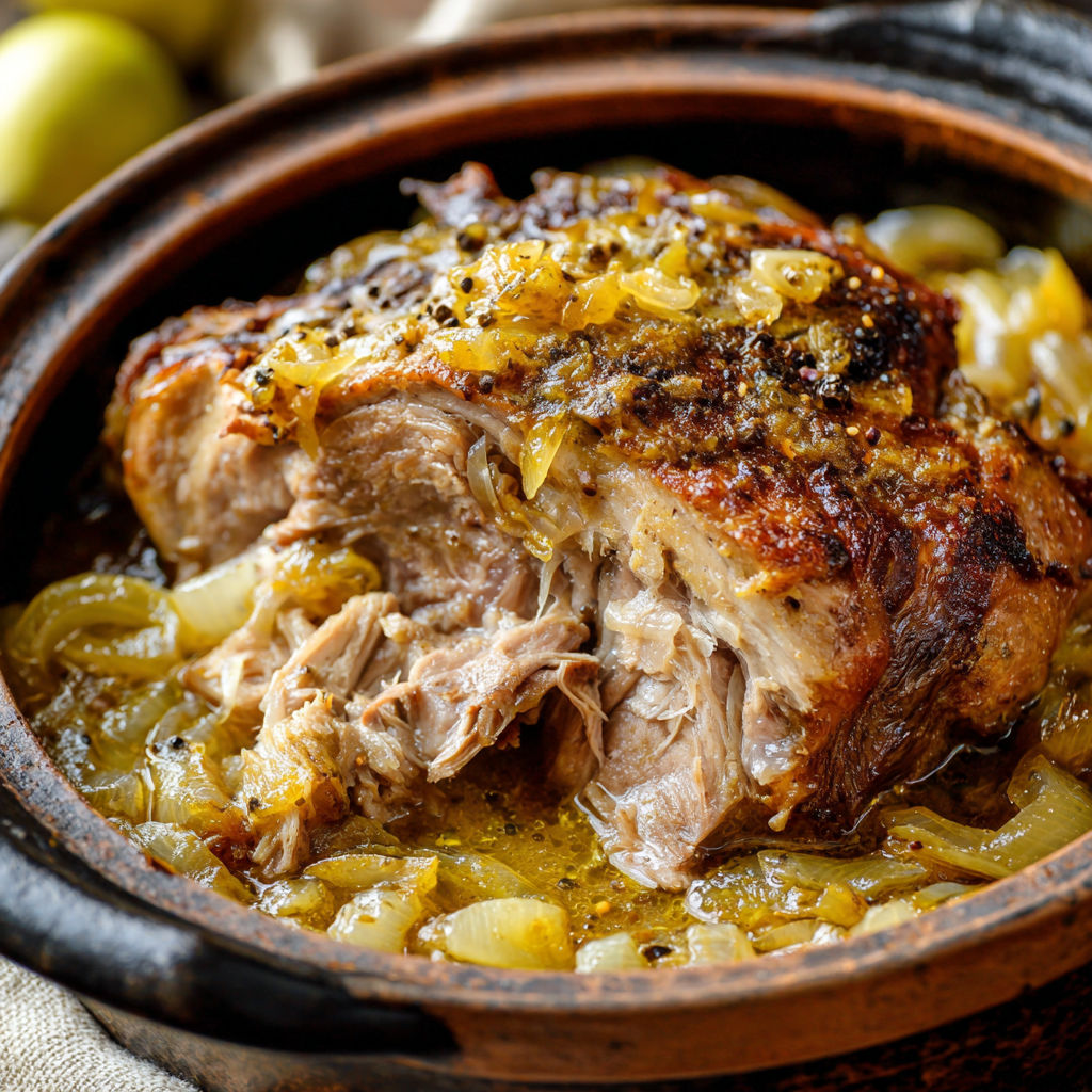 Joli plat de porc tendre avec oignons caramélisés et sauce moutardée savoureuse.