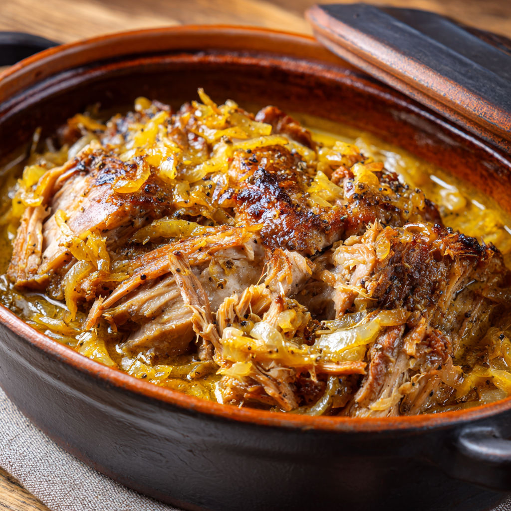 Porc doux mijoté au vin blanc et oignons, purée moelleuse et légumes verts en accompagnement.