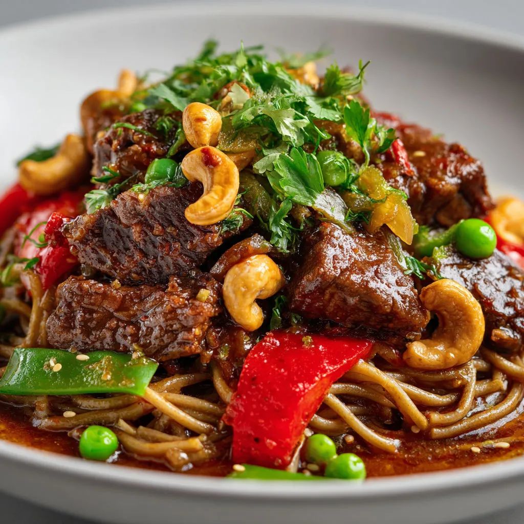 Bœuf ultra tendre au tamari et à l’érable sur soba et légumes croquants.
