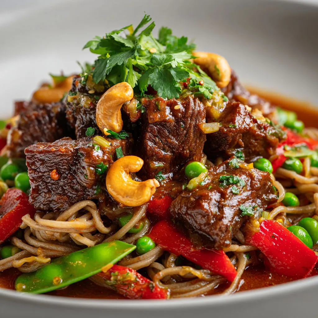 Plat mijoté tout doux au bœuf, cajou et coriandre avec twist asiatique sucré salé.