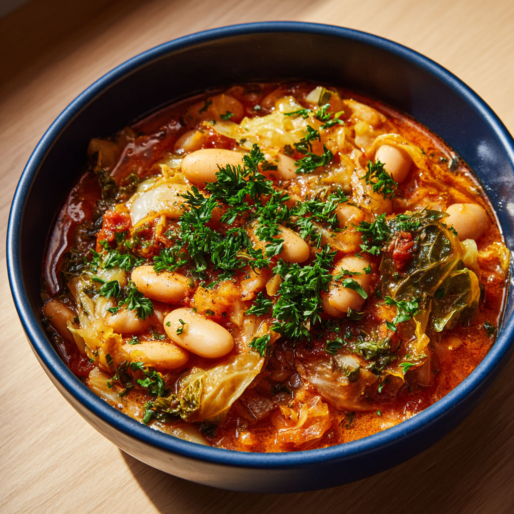 Un plat de haricots blancs avec chou mijoté.