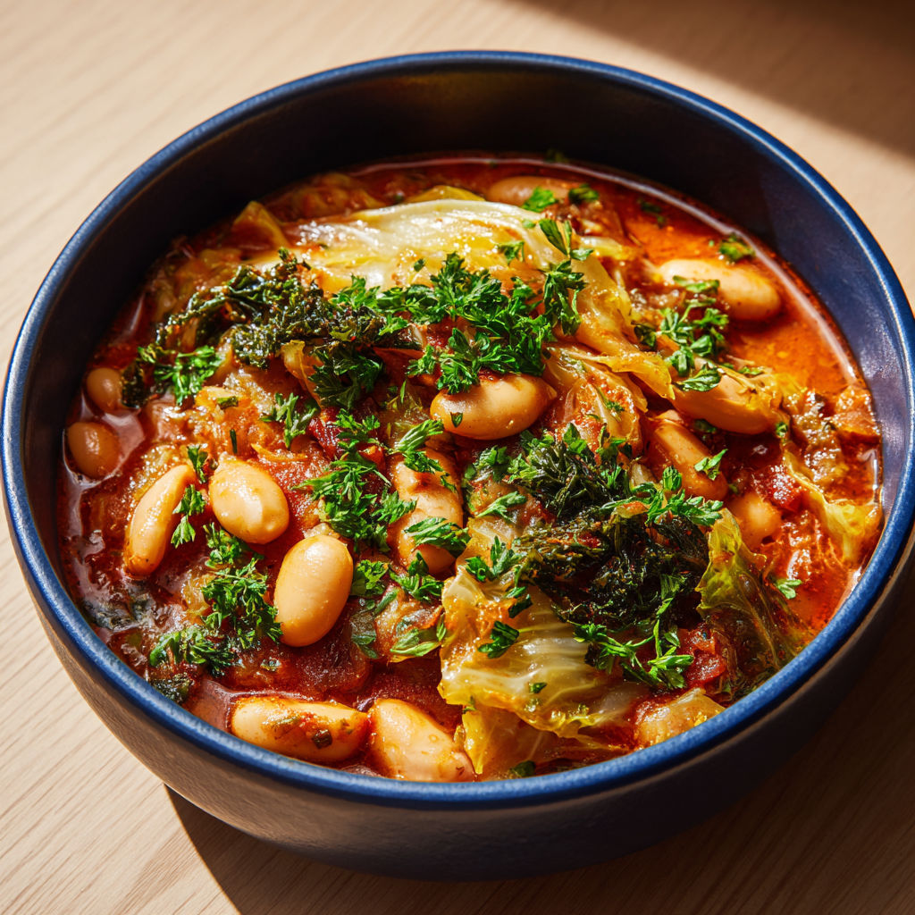 Chou tendre et haricots blancs nappés d’une sauce tomate, croûtons à l’ail et persil croquants dessus.