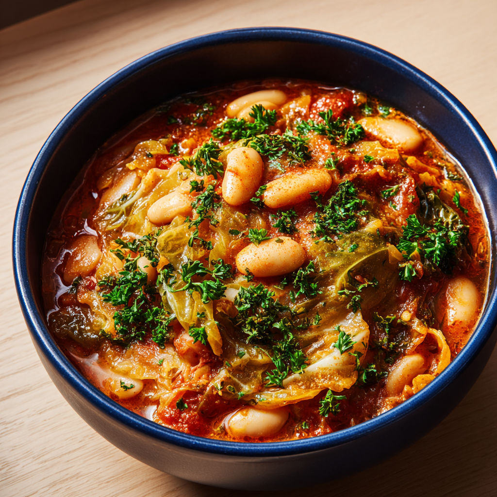 Cocotte pleine de chou tendre et haricots blancs, un brin d’harissa et pas mal de croûtons à l’ail et au persil.