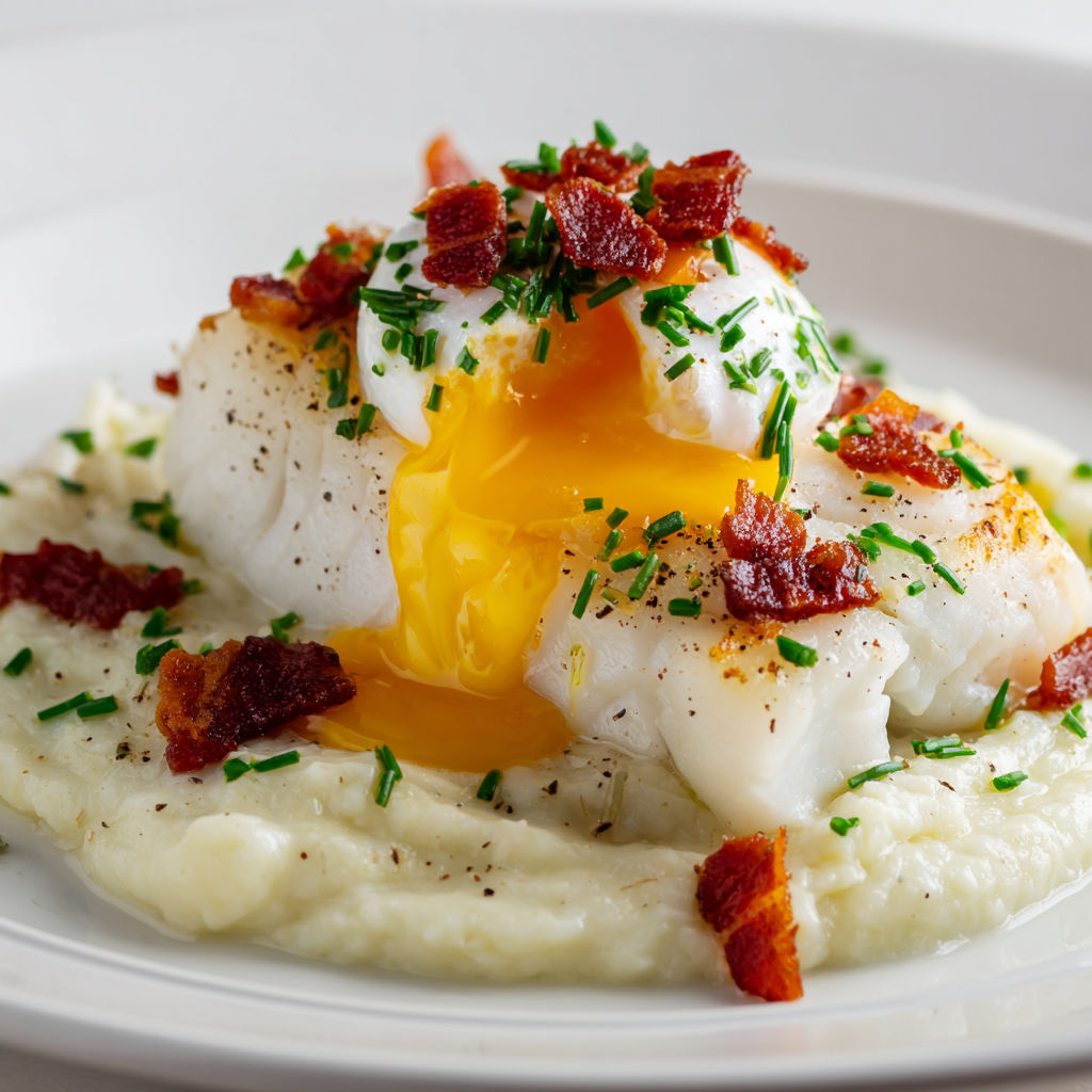 Poisson poché avec purée de céleri, œuf coulant et lardons dorés.