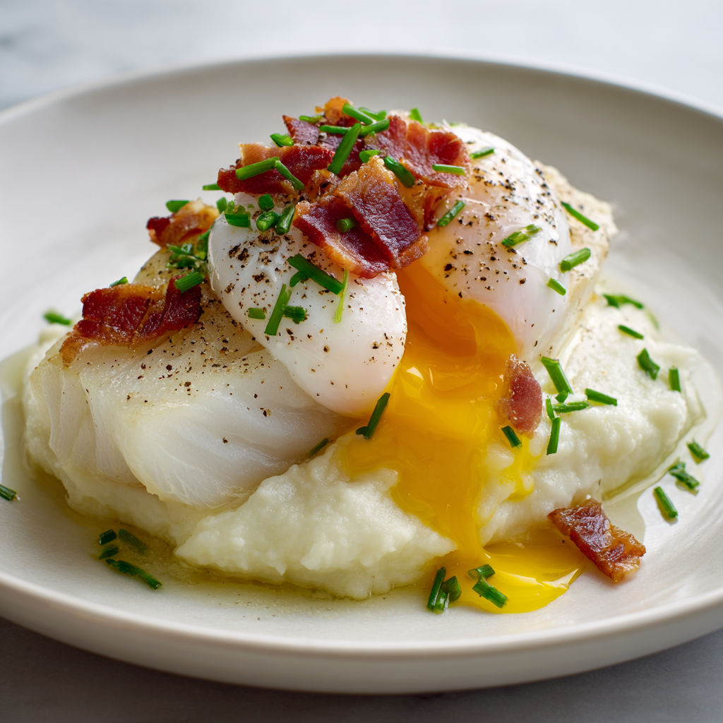 Poisson tout tendre poché, purée de céleri sans crème bien lisse, œuf presque coulant et lardons bien grillés pour jouer sur les textures.