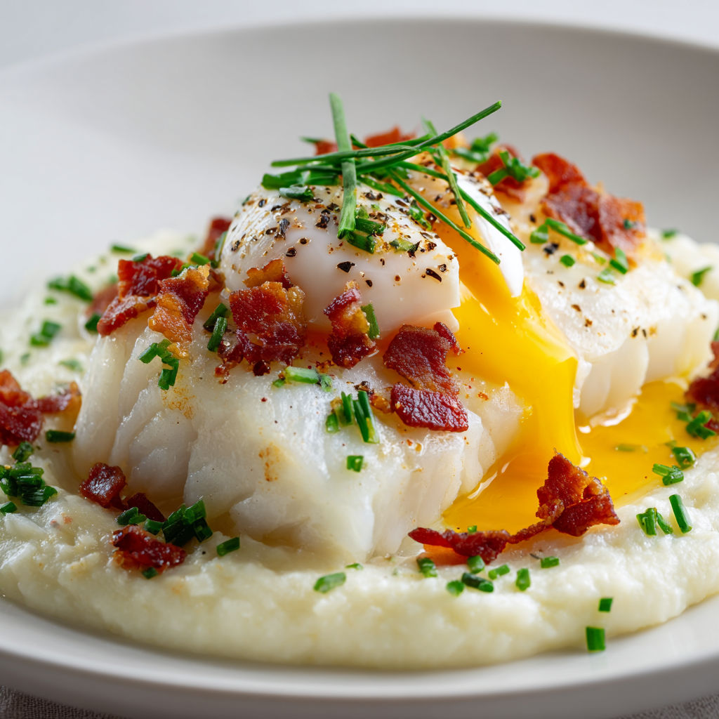 Beau filet de poisson blanc poché sur lit de purée de céleri, œuf mollet et lardons bien croustillants.