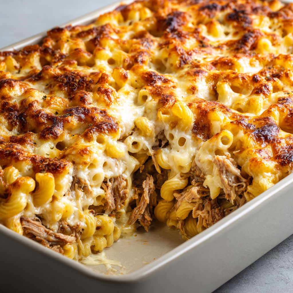 Macaronade crémeuse au porc mijoté, gratin doré aux deux fromages.