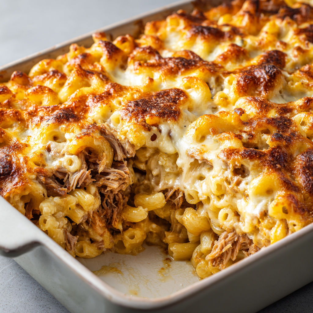 Macaronis tout fondants avec porc mijoté et gratin de mozzarella.