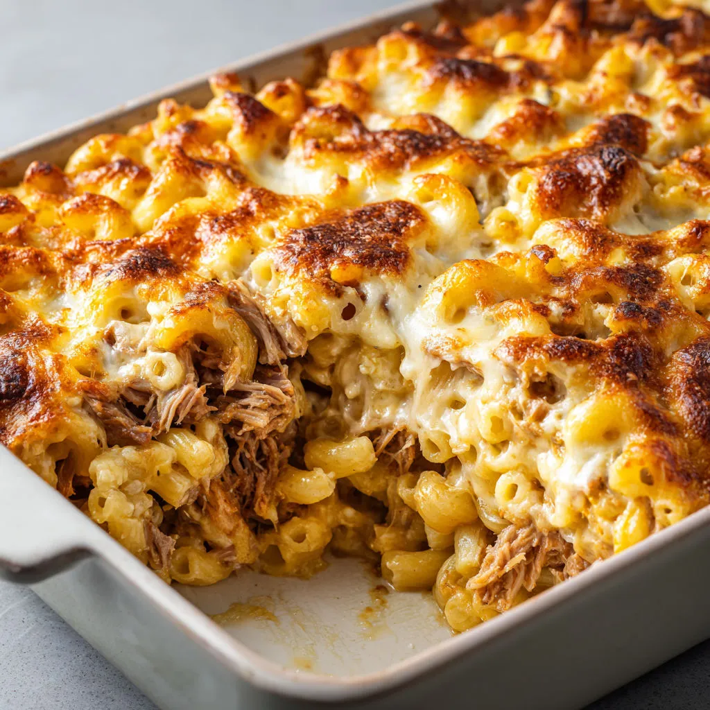 Macaronis tout fondants avec porc mijoté et gratin de mozzarella.