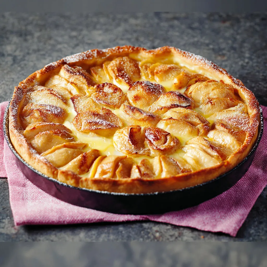 Part de tarte aux pommes posée sur un plateau en métal.
