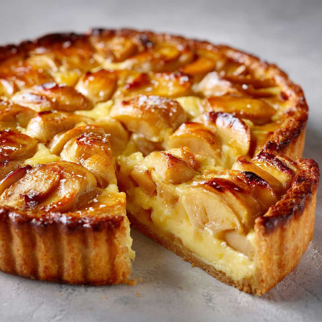 Tarte normande aux pommes bien dorée, crème onctueuse et pommes moelleuses.