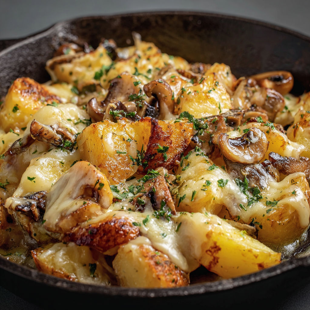 Des pommes de terre et des châtaignes servis avec un laguiole fondant dans un plat rustique.