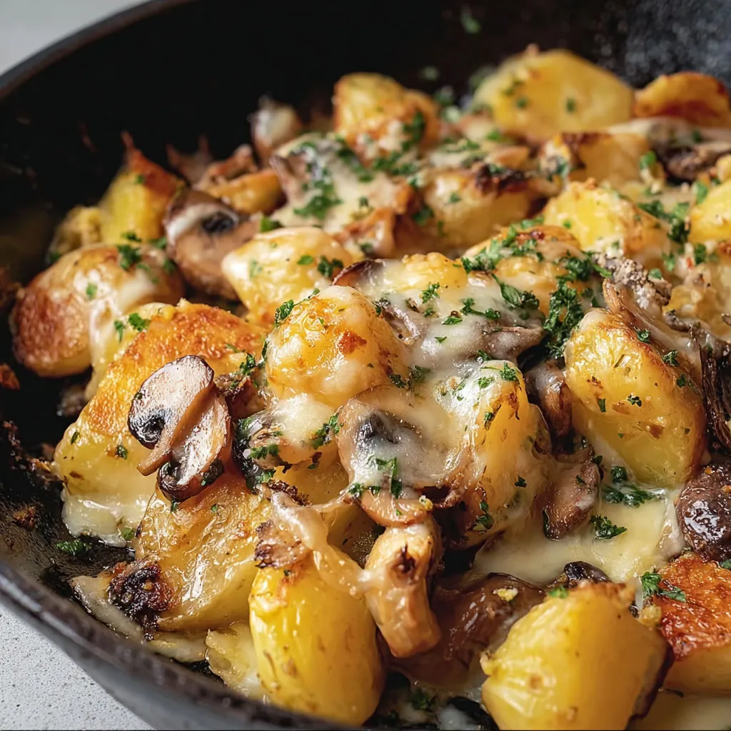 Poêlée rustique de pommes de terre et châtaignes au laguiole fondant.
