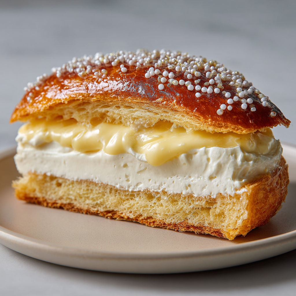 On voit une belle tropézienne traditionnelle posée sur un plateau.