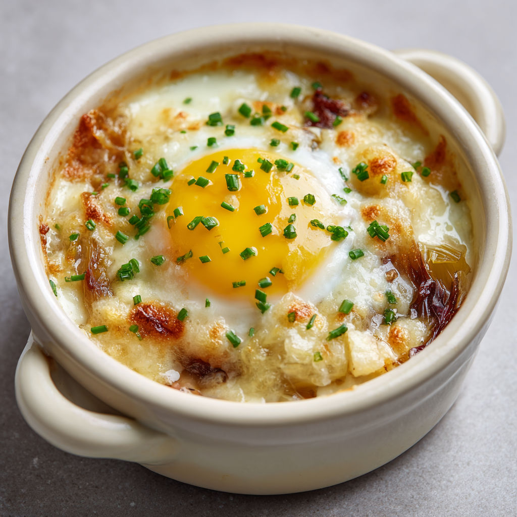 Une cocotte chaude d'œufs fondants, d'endives et de Maroilles, servie dans un bol.