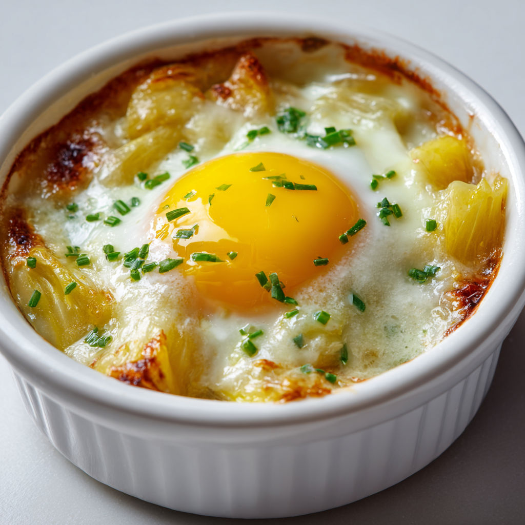 Œufs cocotte bien dorés sur endives moelleuses et Maroilles fondu.