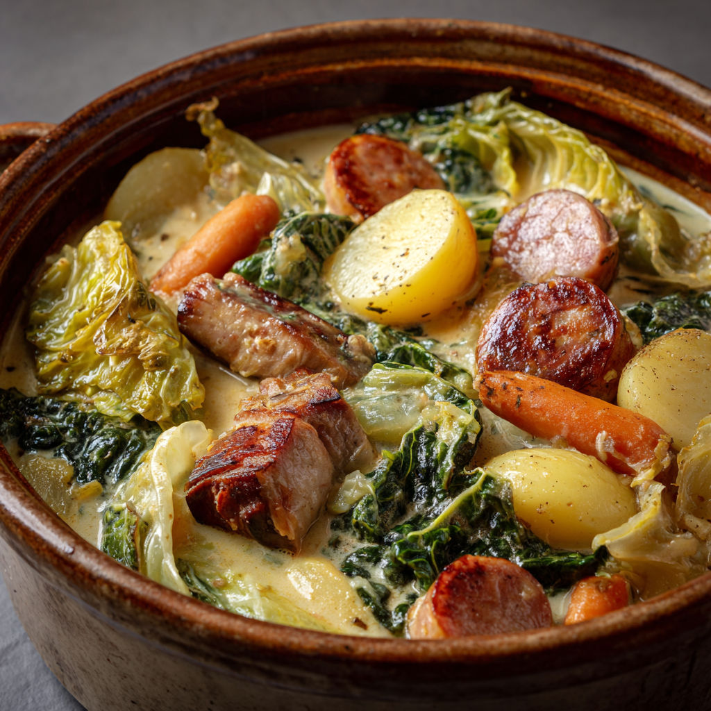 Diots et saucisses fondantes dans un bouillon parfumé avec chou et pommes de terre.
