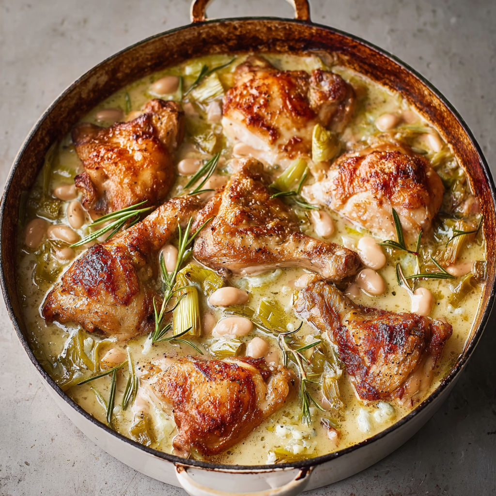 Plat de poulet rôti façon Jamie Oliver avec des poireaux et sauce au cidre.