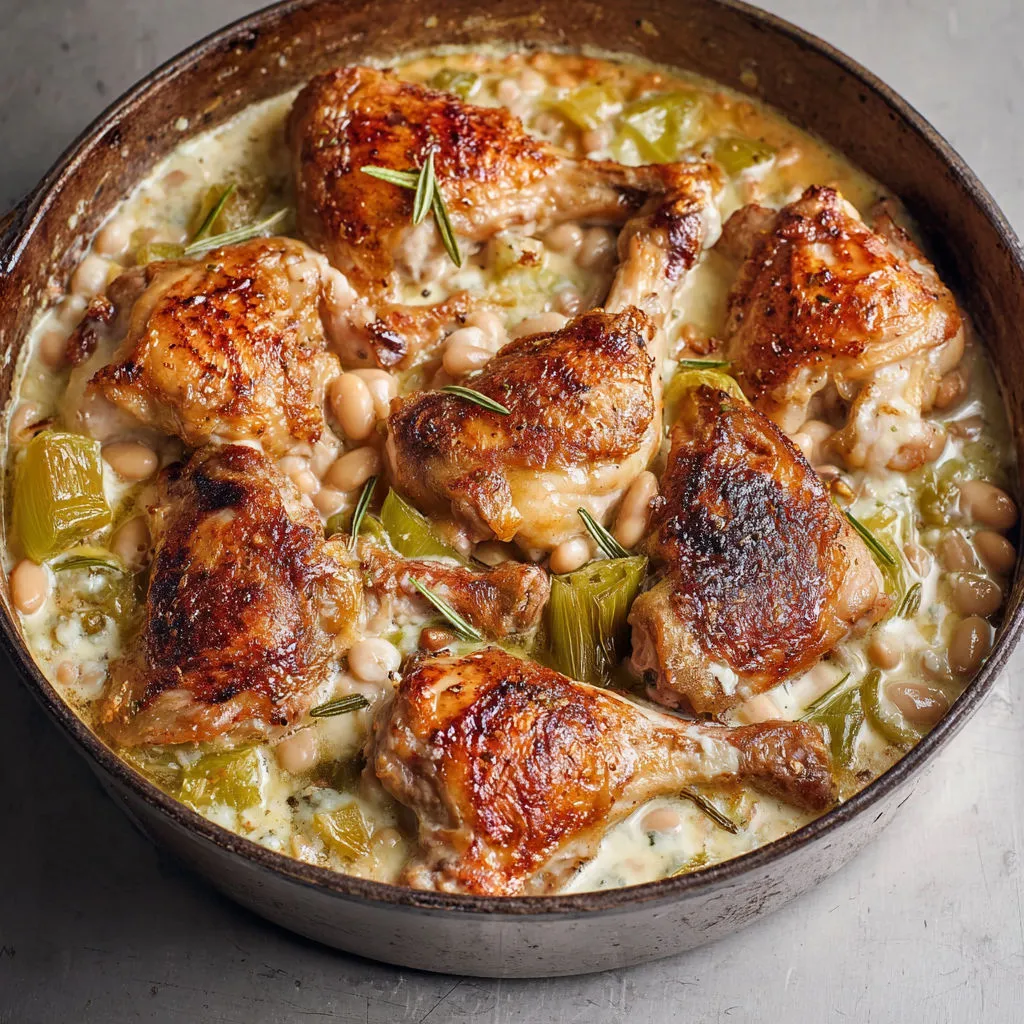 Poulet rôti croustillant au four poireaux tout tendres et sauce au bleu bien crémeuse.