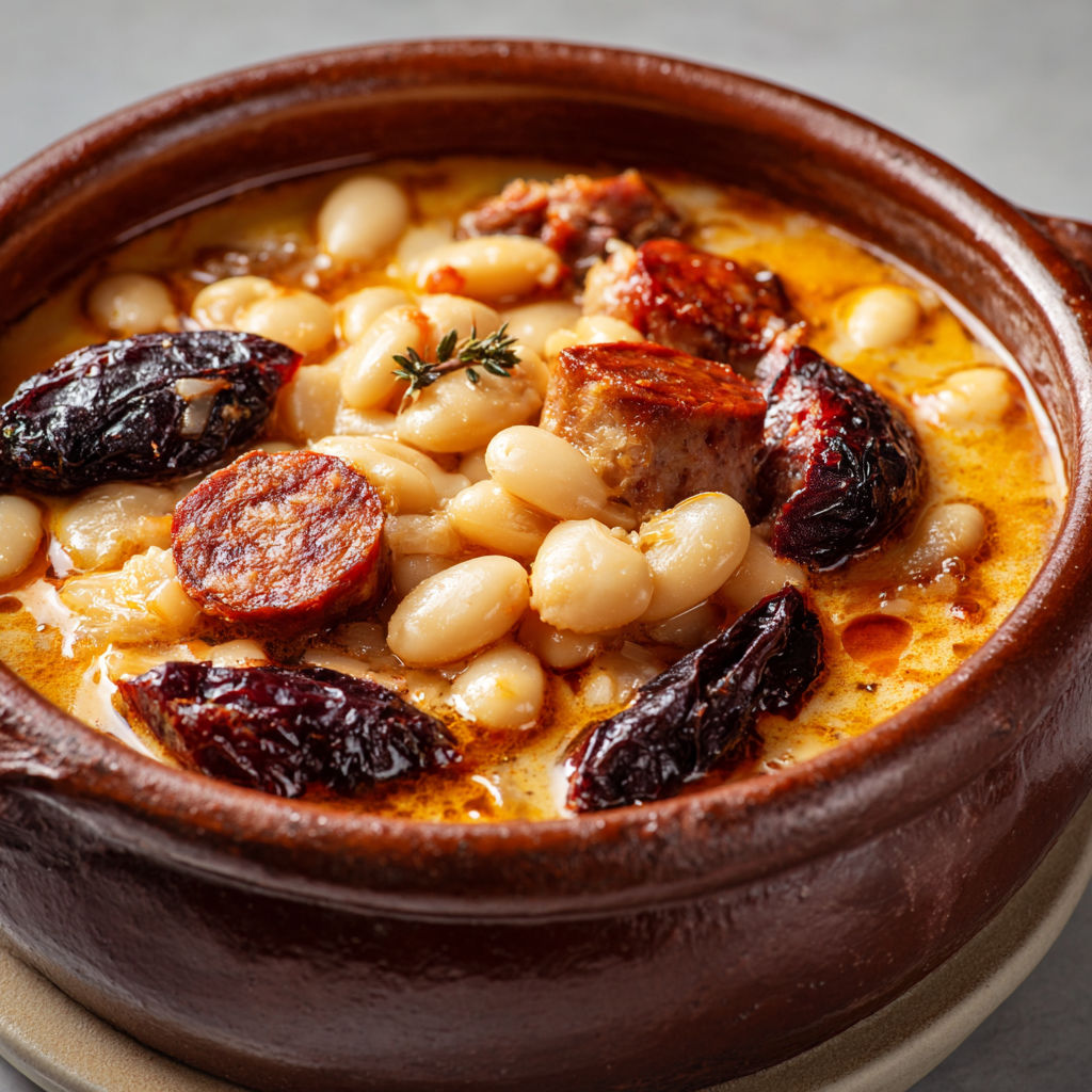 Fabada asturienne authentique avec haricots tendres et charcuterie d’Espagne.