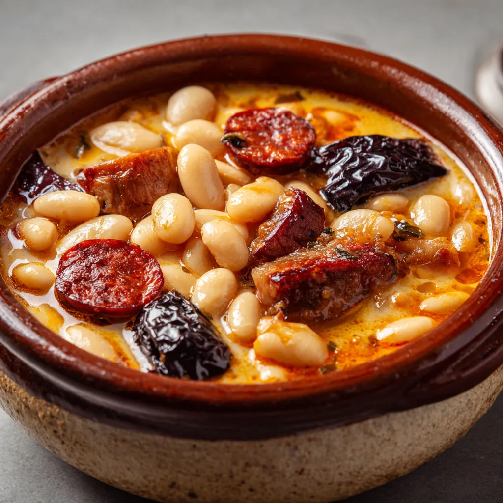 Ragoût asturien copieux, chorizo, boudin et porc confondus.