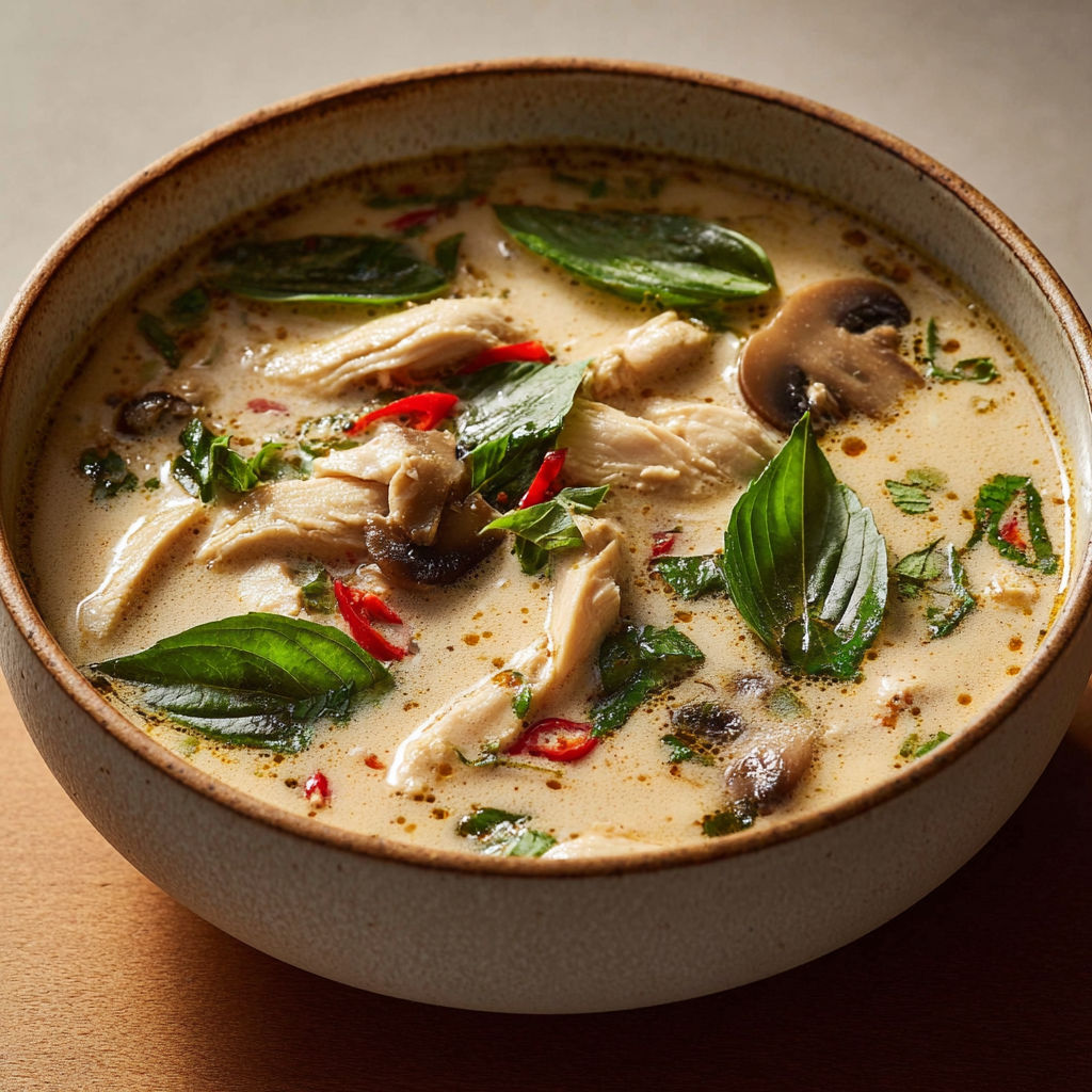 Bol contenant une soupe thaï avec poulet, basilic et citron vert.