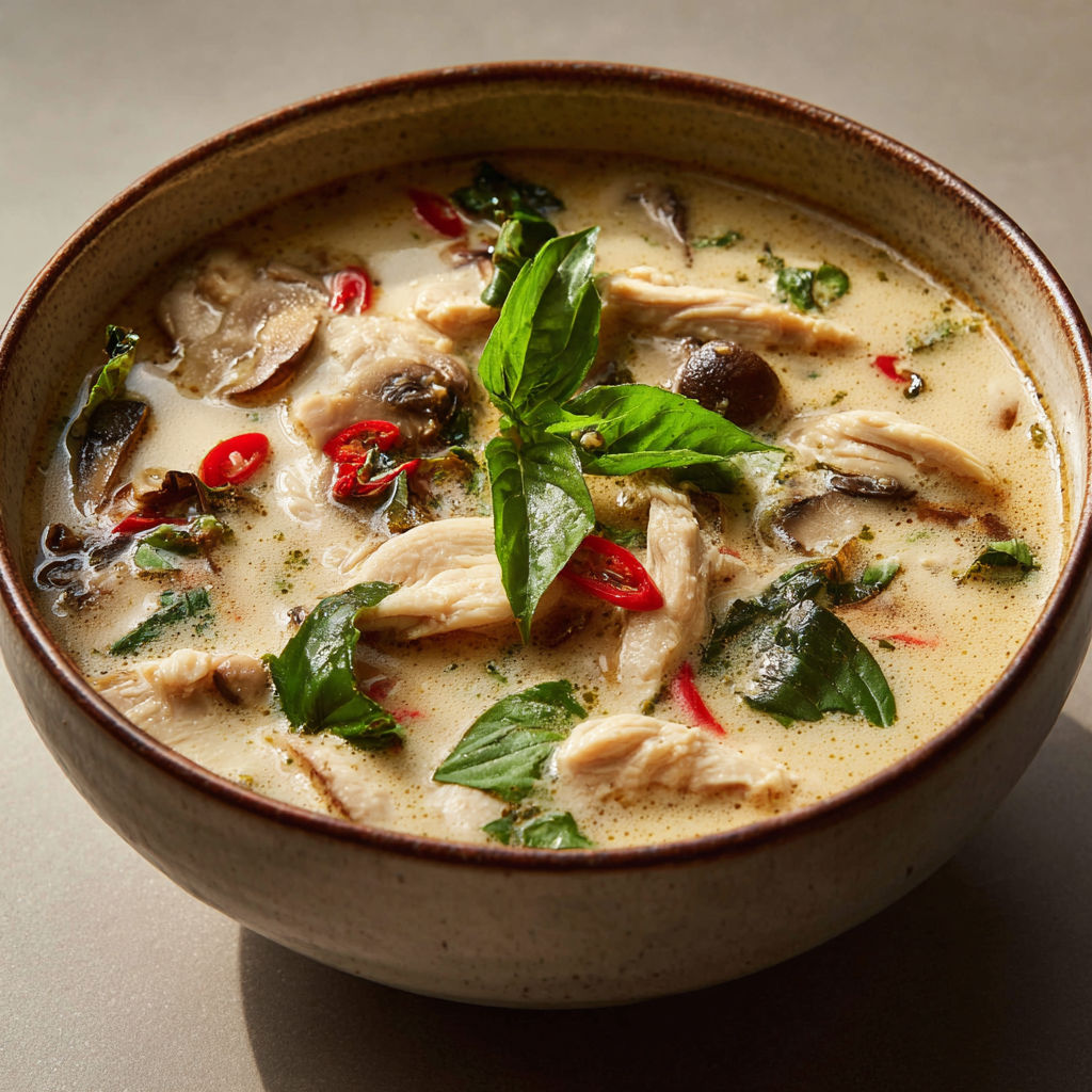 Soupe thaï au poulet, lait de coco et fraîcheur d’herbes en bol généreux.