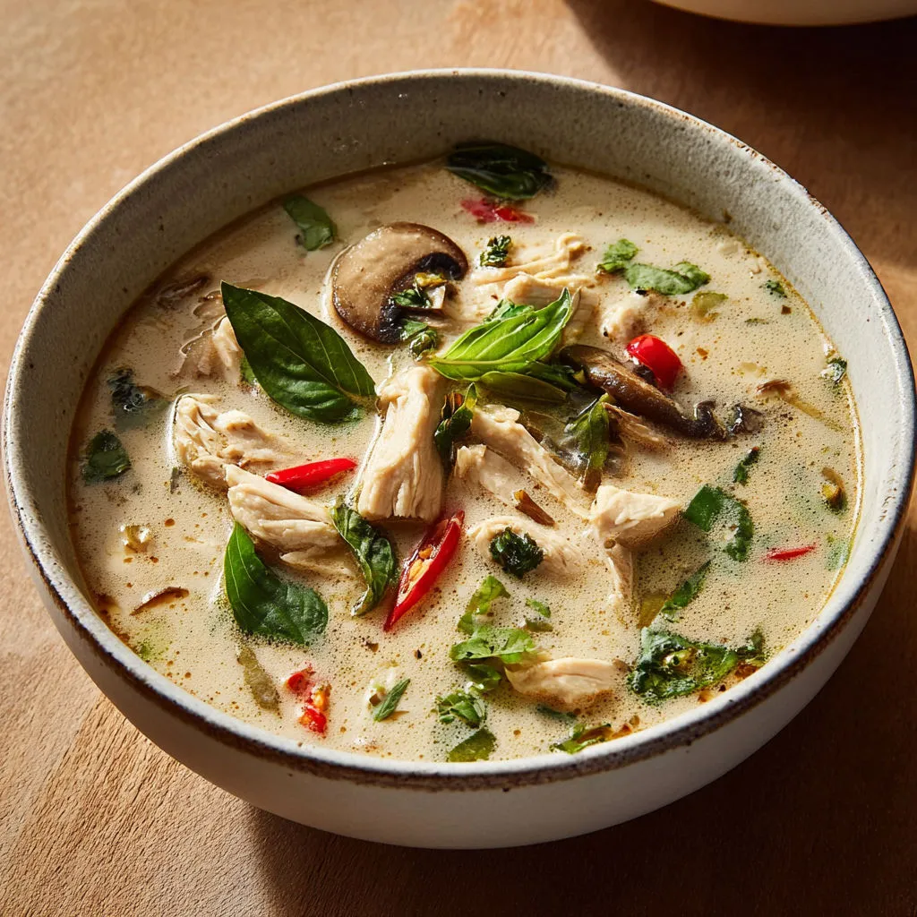 Bol généreux de poulet, champignons, citron vert et basilic à la thaï.
