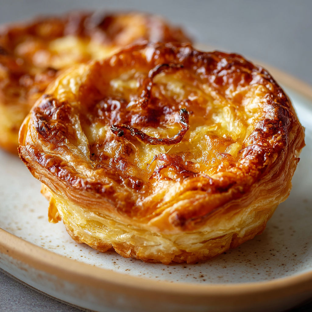 Un feuilleté doré garni d’oignons caramélisés et de fromage fondant.