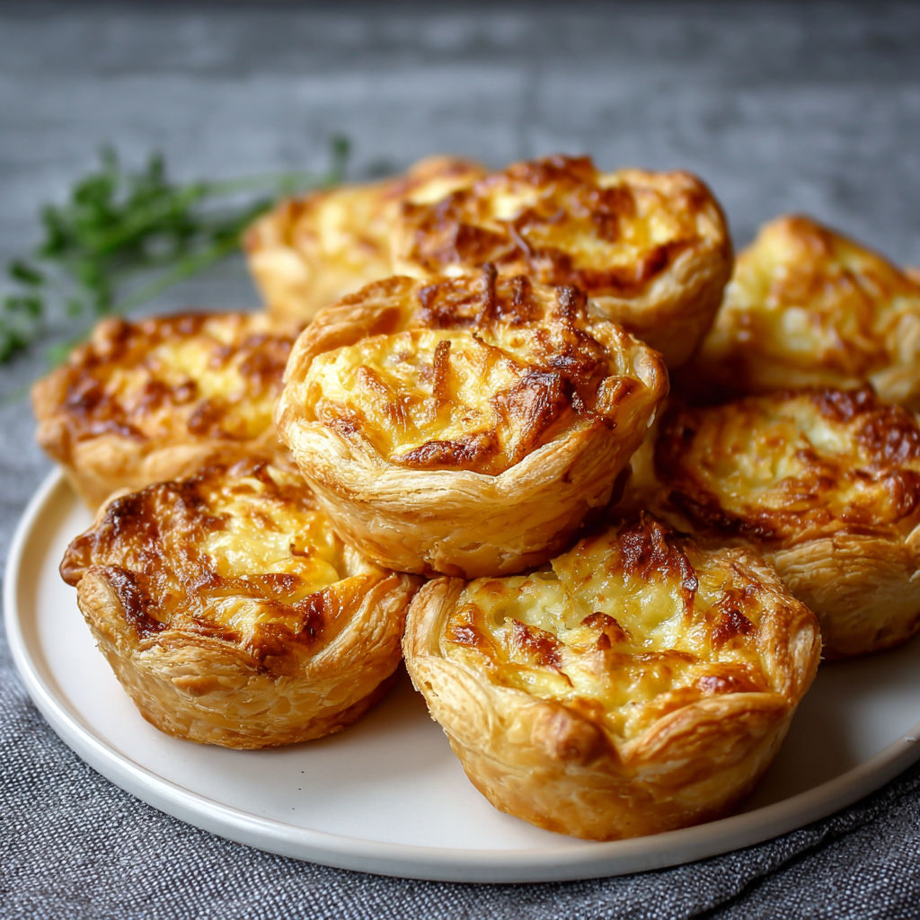 Petits feuilletés maison à l’oignon caramélisé, crémeux à cœur et croustillants.