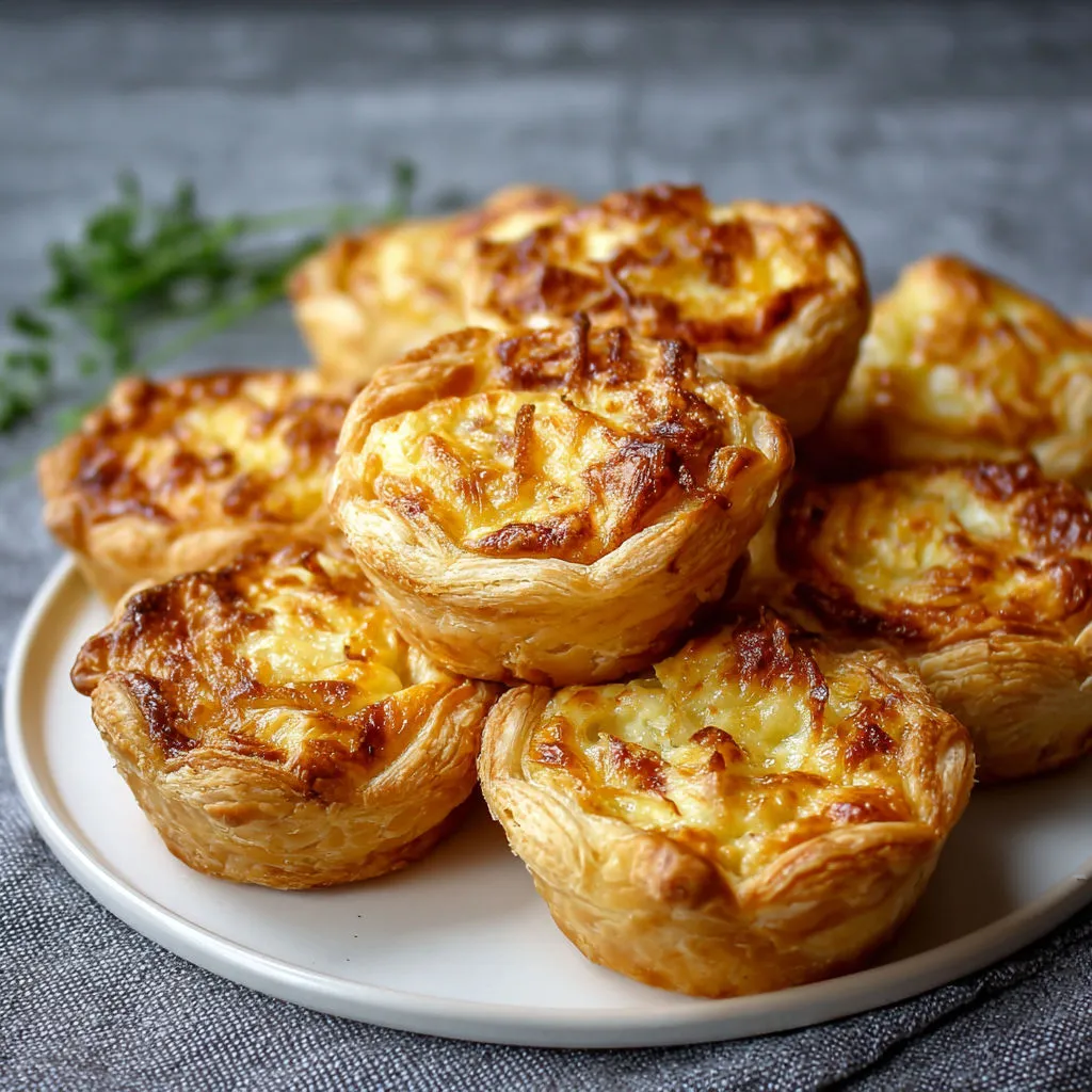 Petits feuilletés maison à l’oignon caramélisé, crémeux à cœur et croustillants.