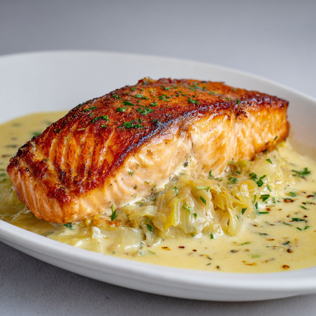 Délicieux saumon croustillant sur une fondue de poireaux savoureuse.