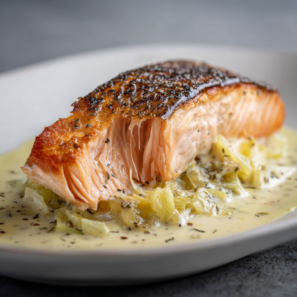 Saumon et poireaux fondants, un plat savoureux et simple.