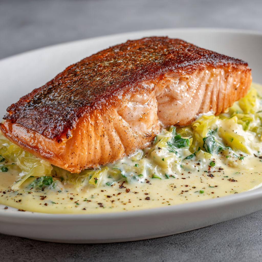 Saumon bien doré posé sur fondue de poireaux.
