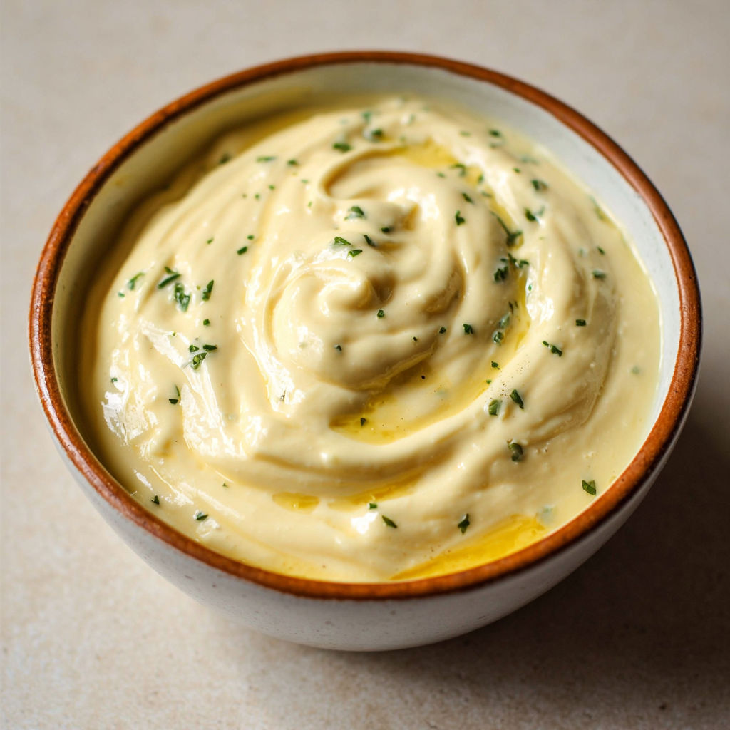 Bol de sauce Aïoli marseillaise crémeuse sur une table.
