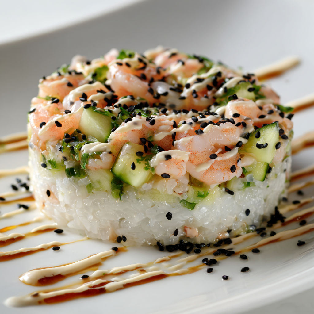 Bol gourmand de crevettes nordiques sur riz vinaigré, avec poire et concombre ultra frais.