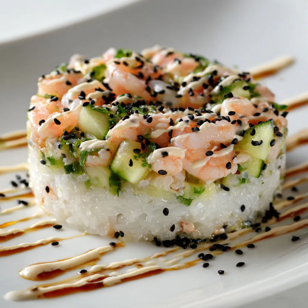 Bol gourmand de crevettes nordiques sur riz vinaigré, avec poire et concombre ultra frais.