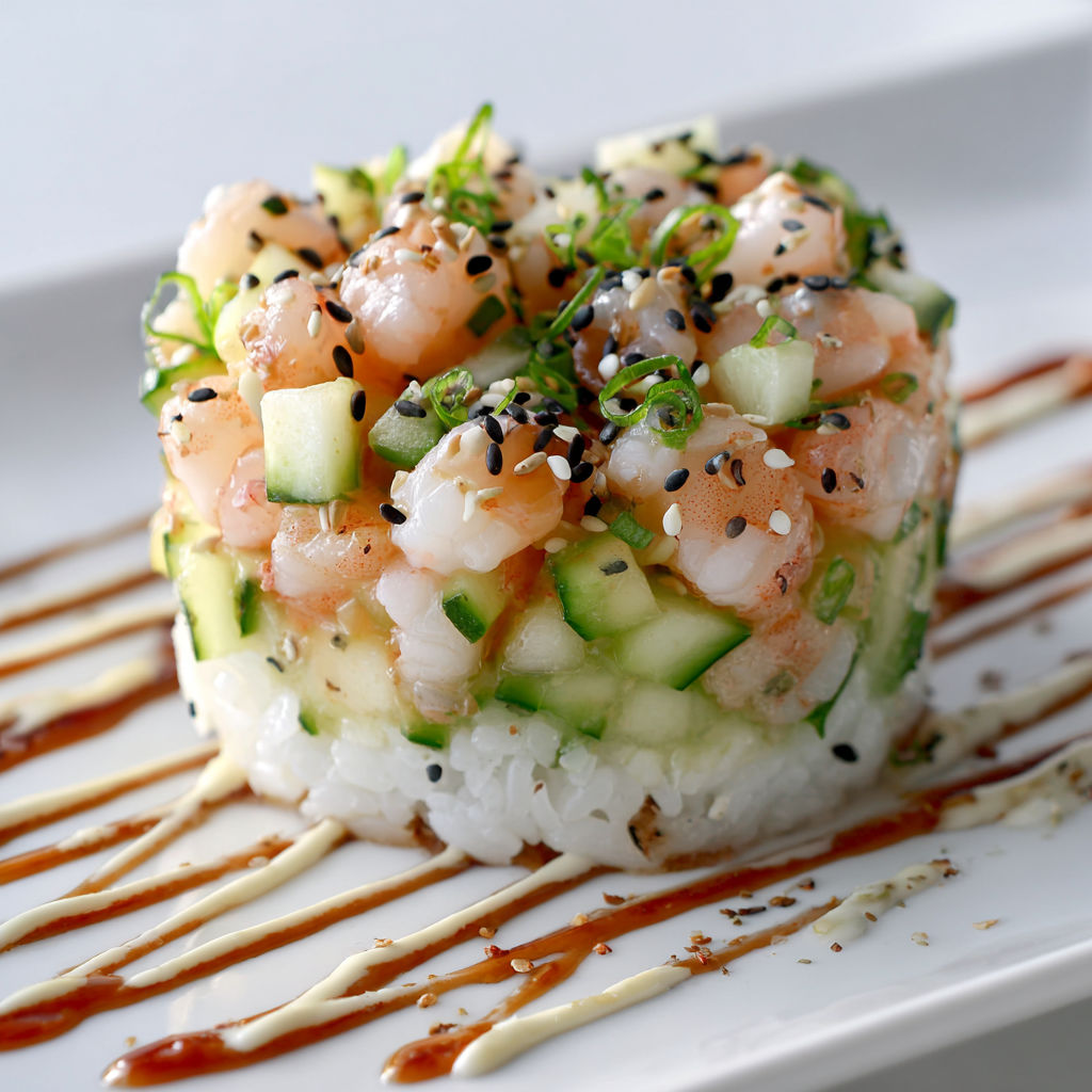 Assiette chic de crevettes nordiques, riz vinaigré, concombre et poire, mayo sésame.