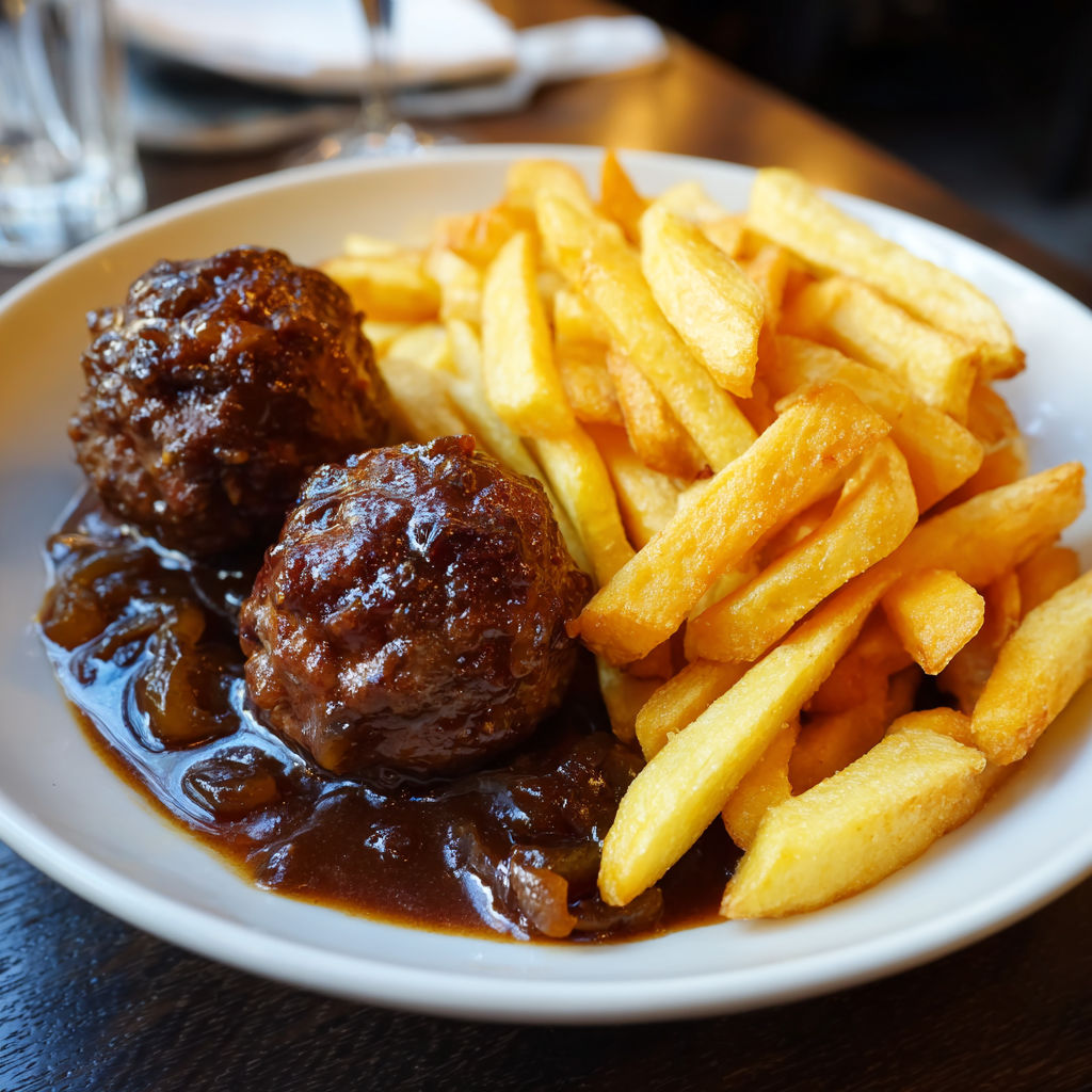 Assiette de boulets nappés de sauce accompagnés de frites belges croustillantes maison.