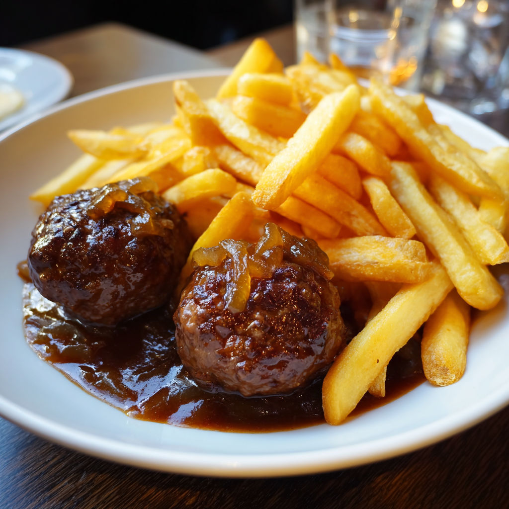 Frites maison bien dorées et deux boulettes nappées de sauce, prêtes à déguster.