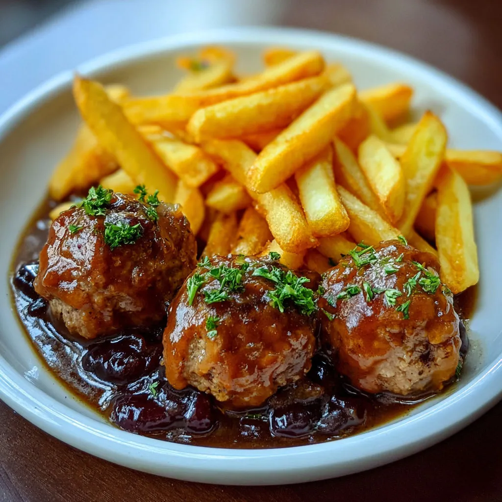 Belle assiette avec frites dorées, boulettes bien nappées, et de la sauce à côté.