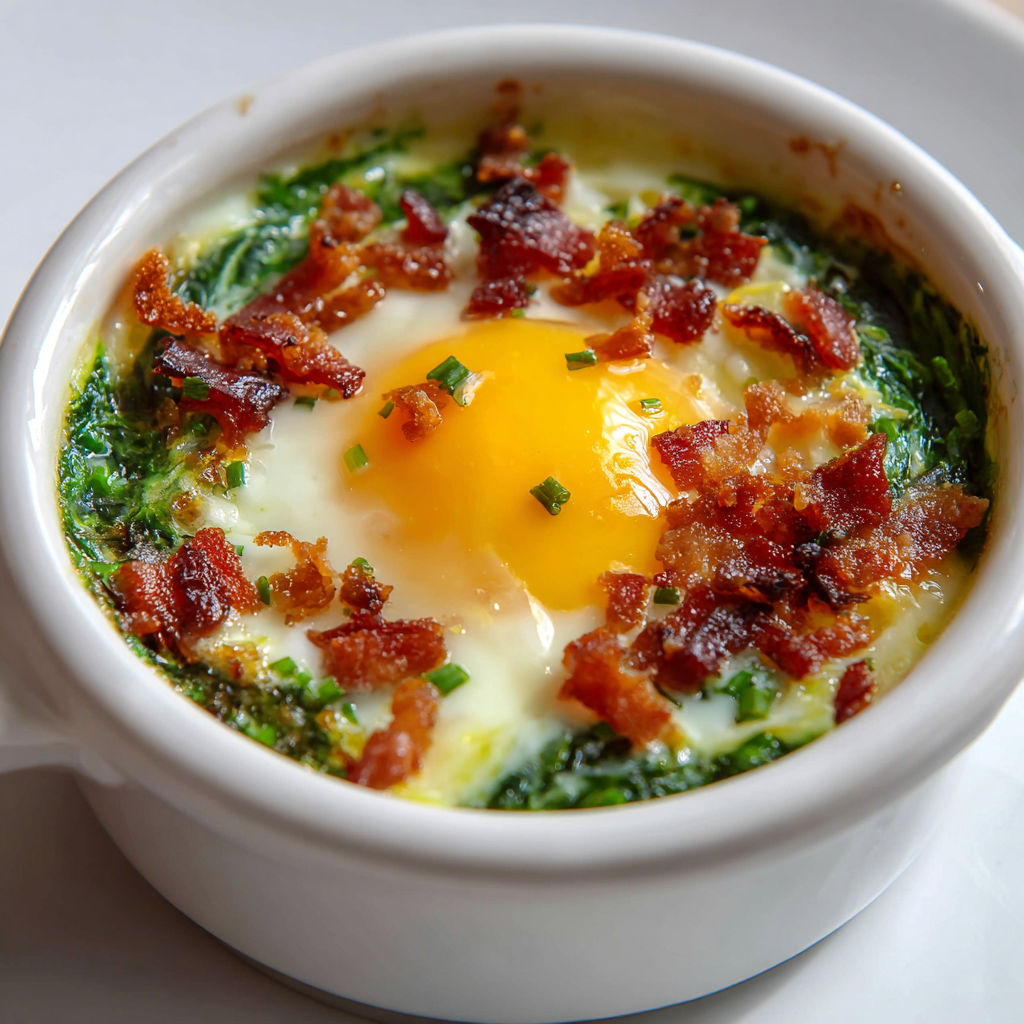 Bol garni d'œufs moelleux à l'oseille et lardons croustillants, décoré d'herbes fraîches.