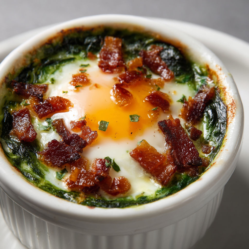 Petits plats d’œufs cocotte à l’oseille et lardons, tout en douceur et goût.