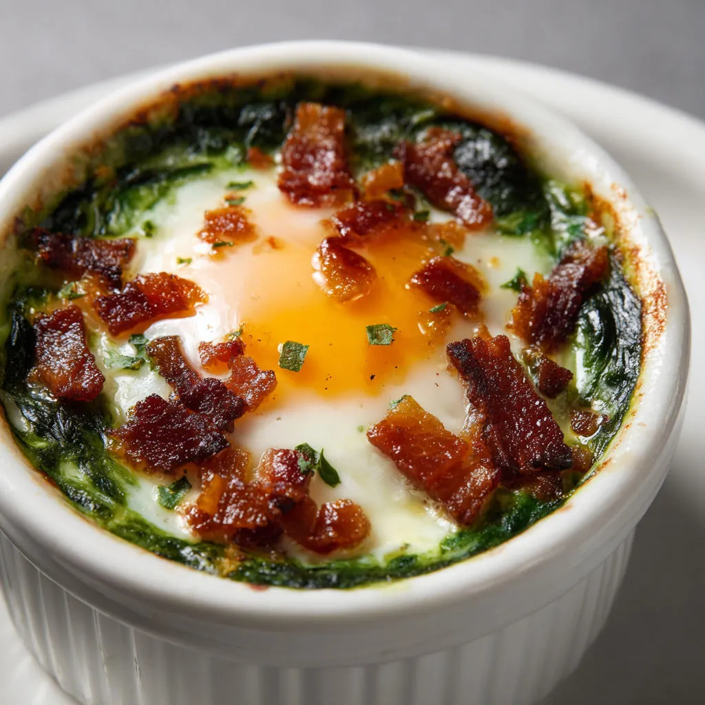 Petits plats d’œufs cocotte à l’oseille et lardons, tout en douceur et goût.