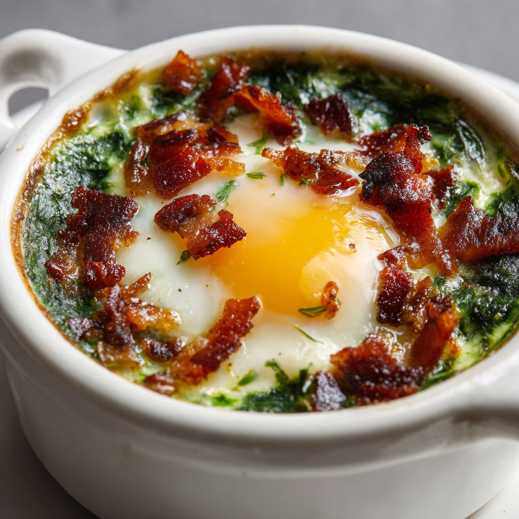 Ramequins bien crémeux à l’oseille, œufs fondants et lardons crousti.