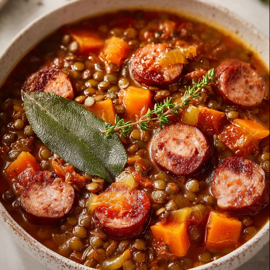 Lentilles mijotées avec des saucisses et des légumes, un plat chaleureux et familial.