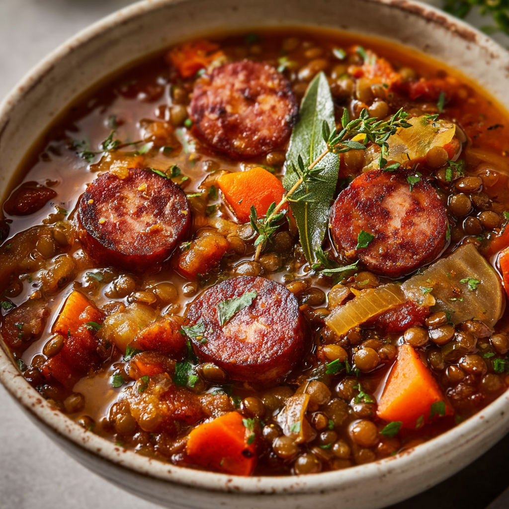 Saucisses aux lentilles mijotées façon ancienne, douceurs de la grand-mère.