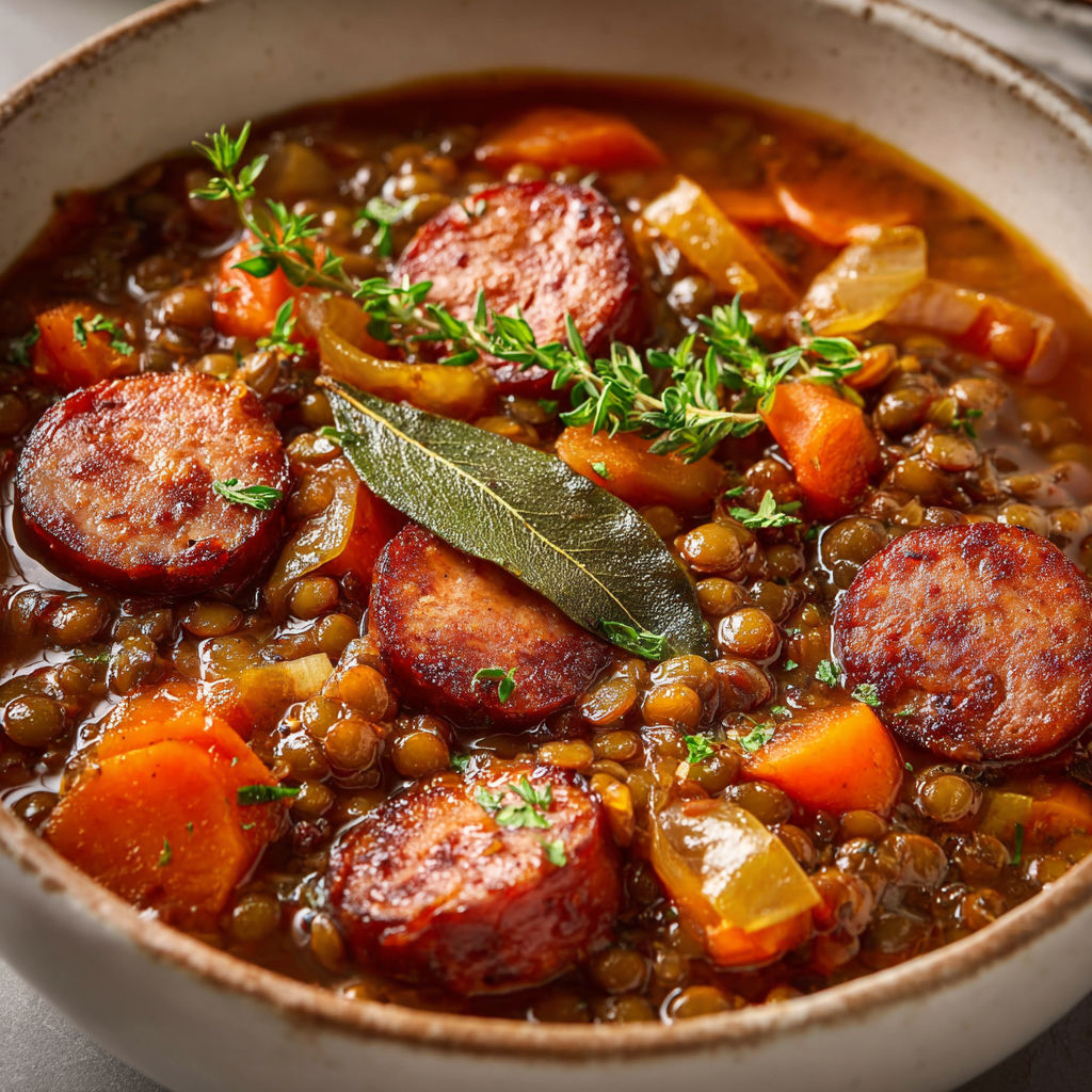 Cocotte de lentilles et saucisses tradition, simple et réconfort.